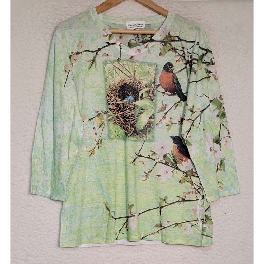 Country Store Womens Top Size L 3/4 Sleeve Green V-Neck Birds Pullover 1578